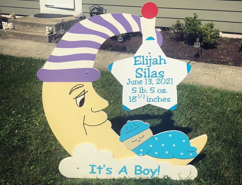 Blue Baby and Moon: Stork & Birth Announcement Sign Rental in Middlesex, Monmouth, Somerset, Mercer Counties In New Jersey