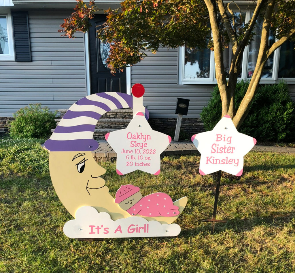 Pink Baby and Moon: Stork & Birth Announcement Sign Rental in Middlesex, Monmouth, Somerset, Mercer Counties In New Jersey